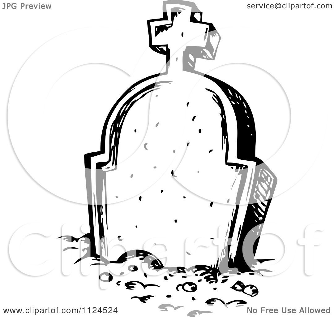 Clipart Of A Sketched Black And White Cemetery Tombstone - Royalty Free