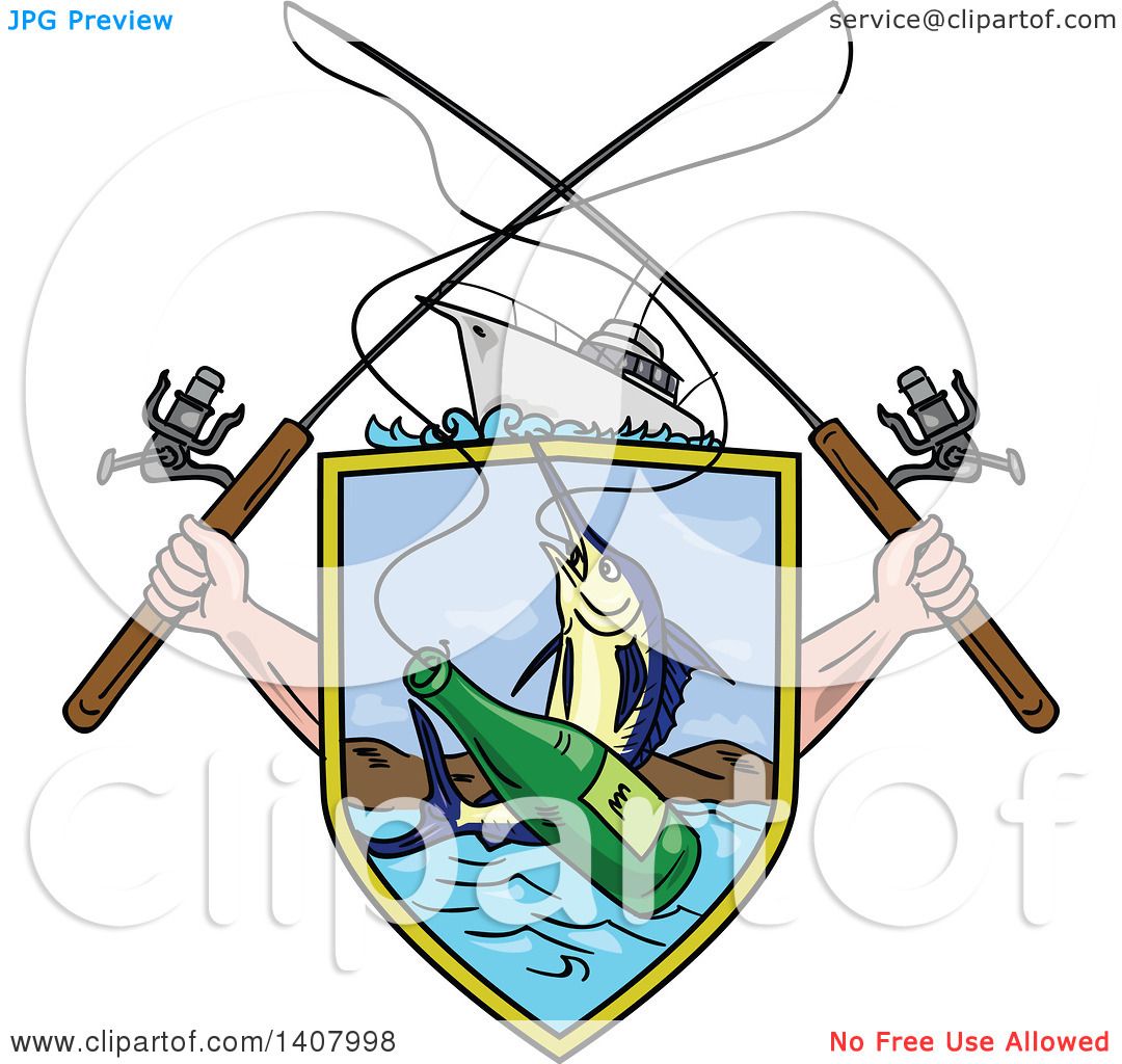 Clipart of a Sketched Crossed Arms Holding Fishing Rods over a