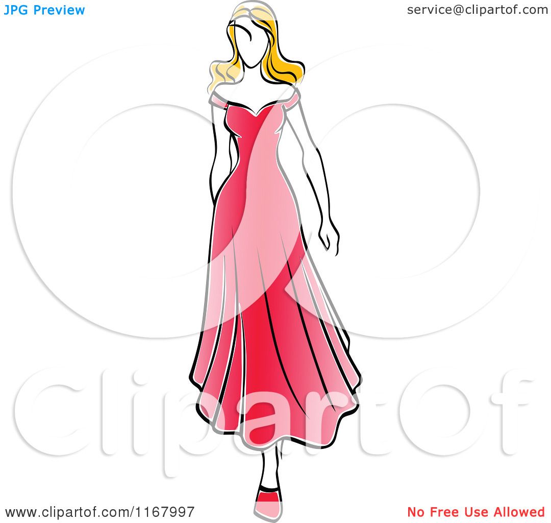 Clipart of a Sketched Fashion Model Walking in a Red Dress - Royalty