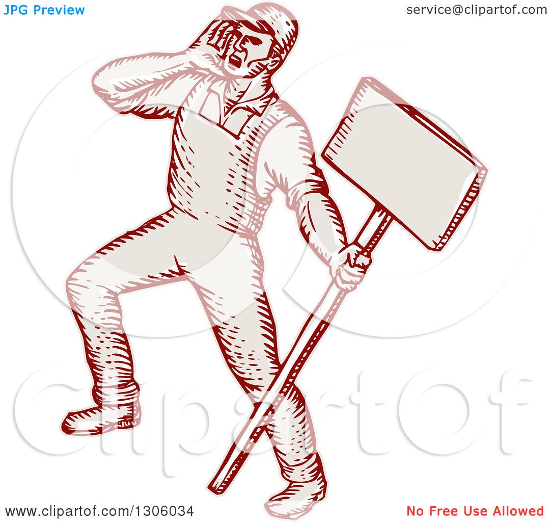 Clipart of a Sketched or Engraved Shouting Union Worker Holding a Sign ...
