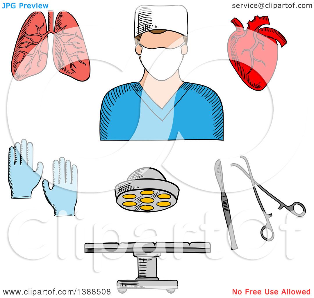Clipart of a Sketched Surgeon Doctor, Organs and Accessories - Royalty Free  Vector Illustration by Vector Tradition SM #1388508