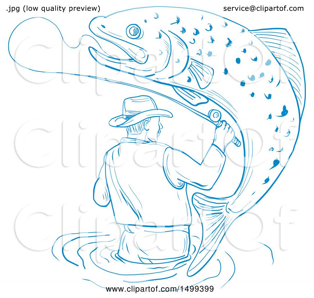 Clipart of a Sketched Wading Fly Fisherman with a Jumping Trout Fish -  Royalty Free Vector Illustration by patrimonio #1499399
