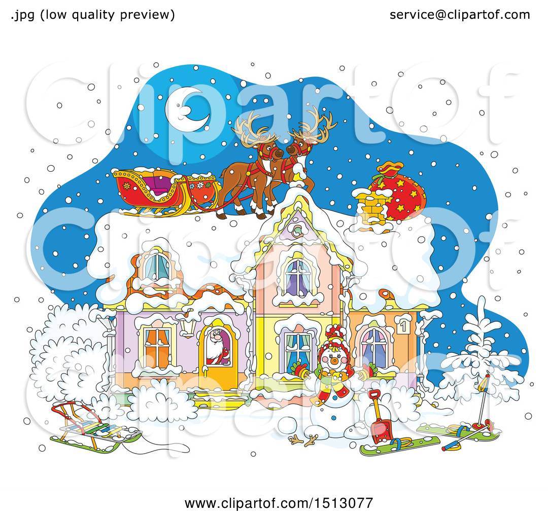 Clipart Of A Snowy Christmas Eve Night With Santa Claus In A
