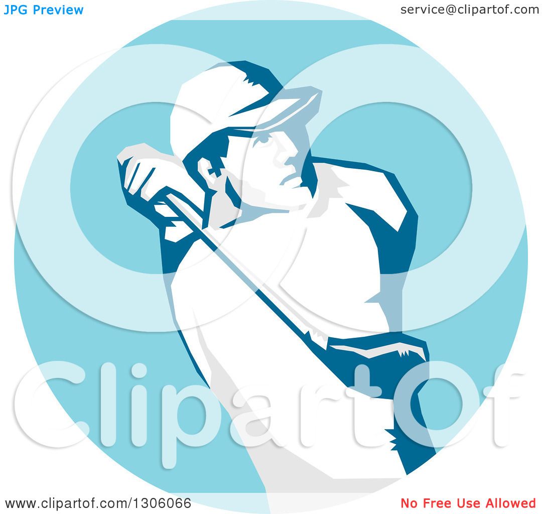 Clipart of a Stencil Styled Male Golfer Swinging in a Blue