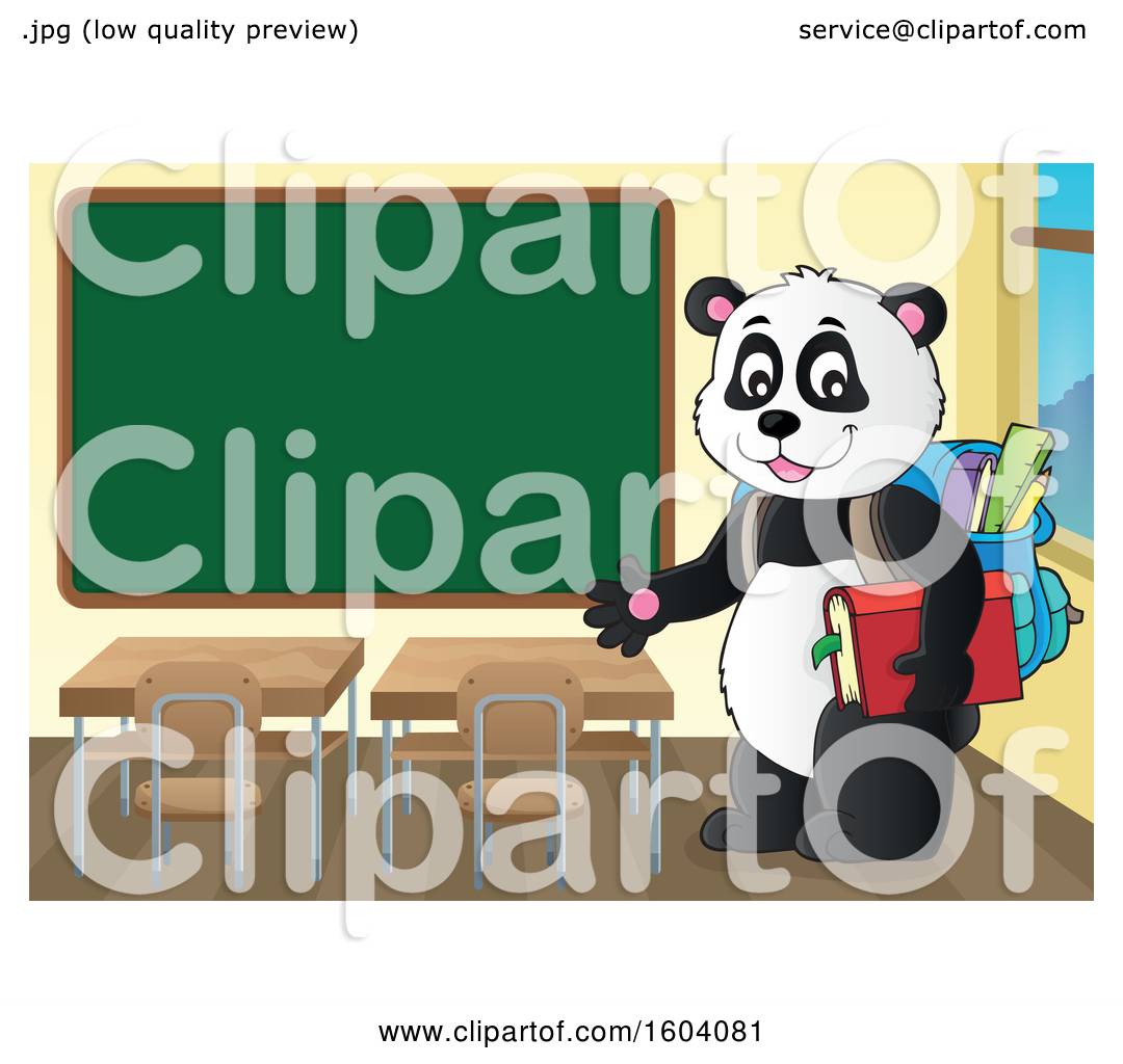 Clipart Of A Student Panda By A Chalkboard Royalty Free Vector