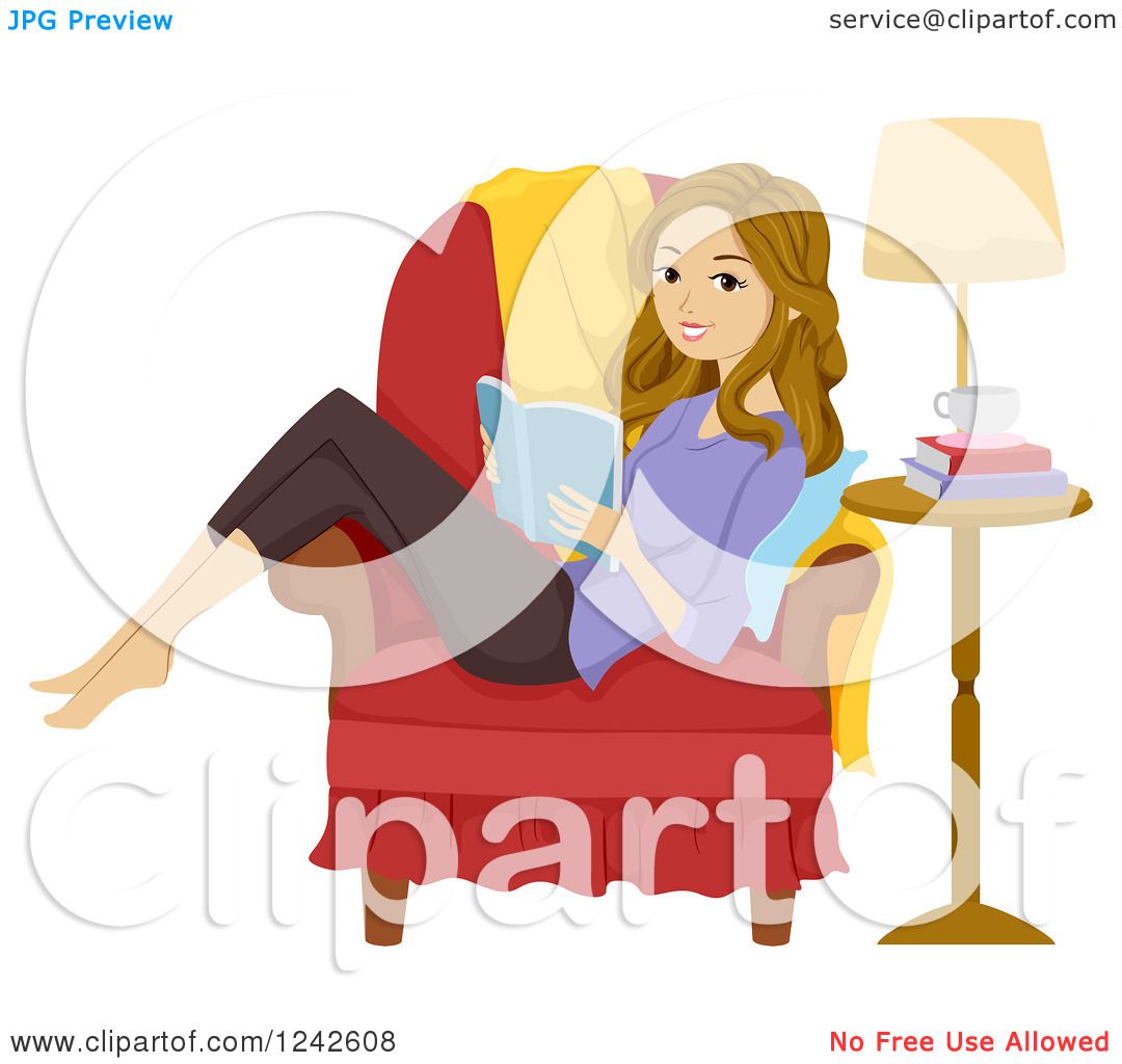 Clipart of a Teenage Girl Reading a Book Sideways in a Chair - Royalty ...