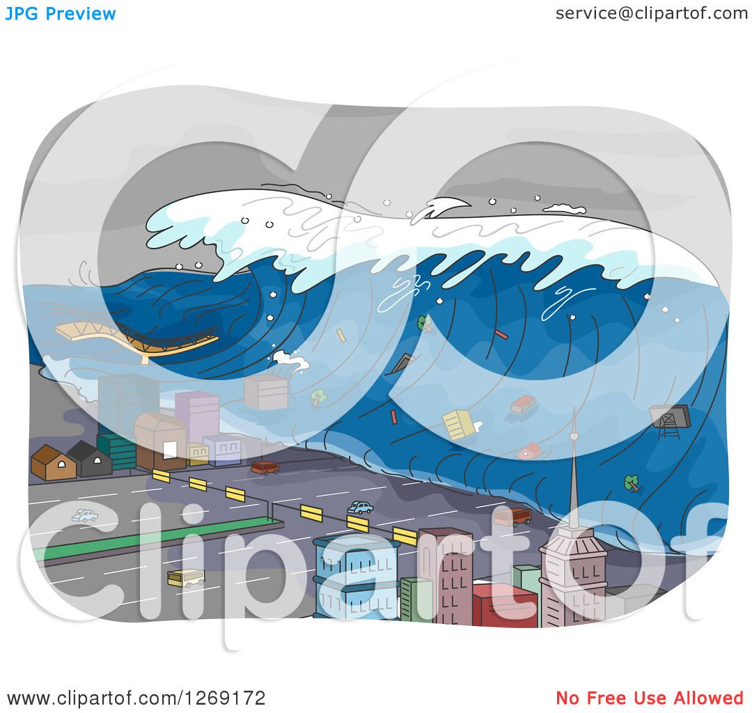 Clipart Of A Tsunami Wave Going Through A City Royalty Free