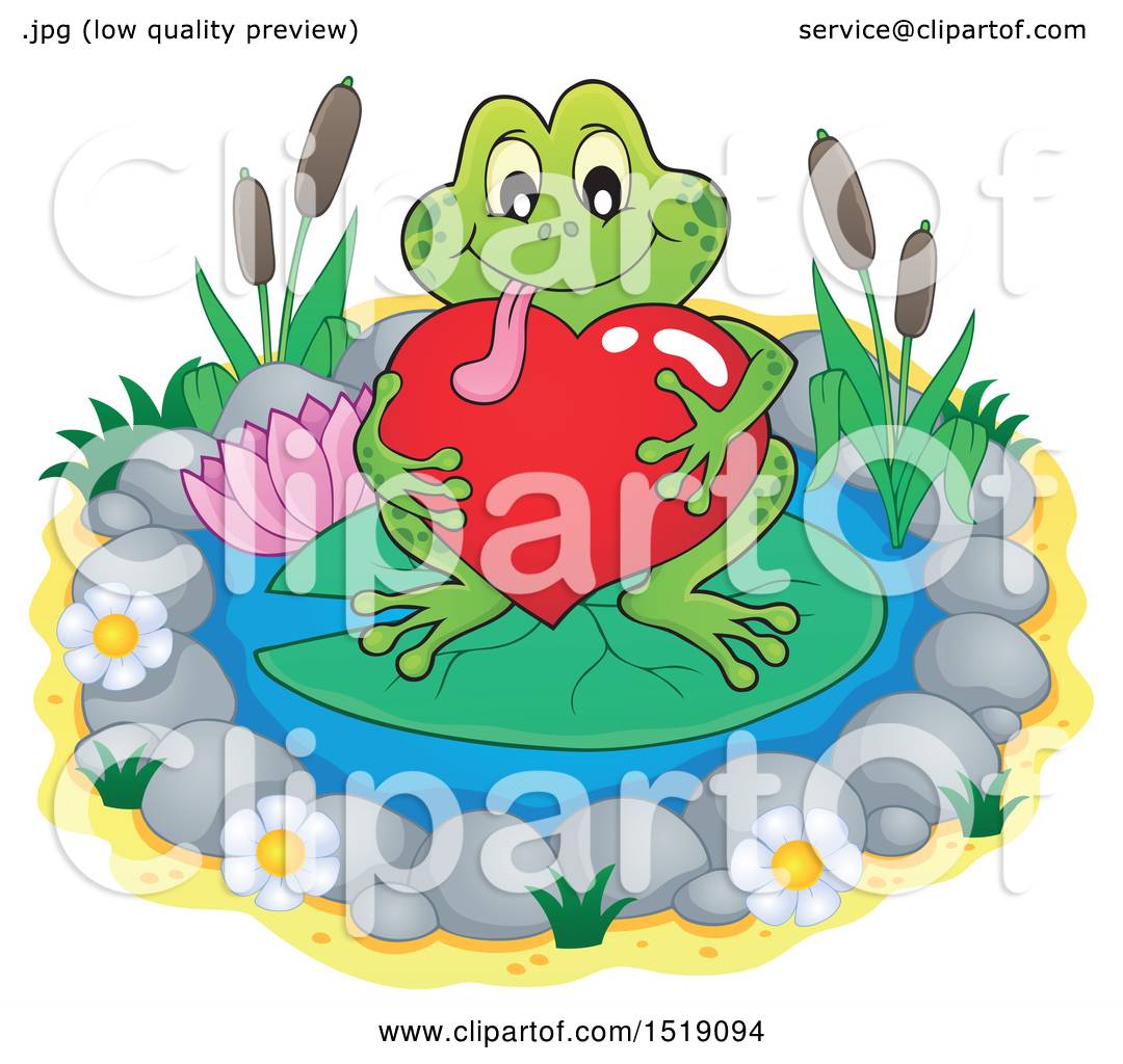 Clipart of a Valentine Frog Hugging a Heart on a Lily Pad - Royalty