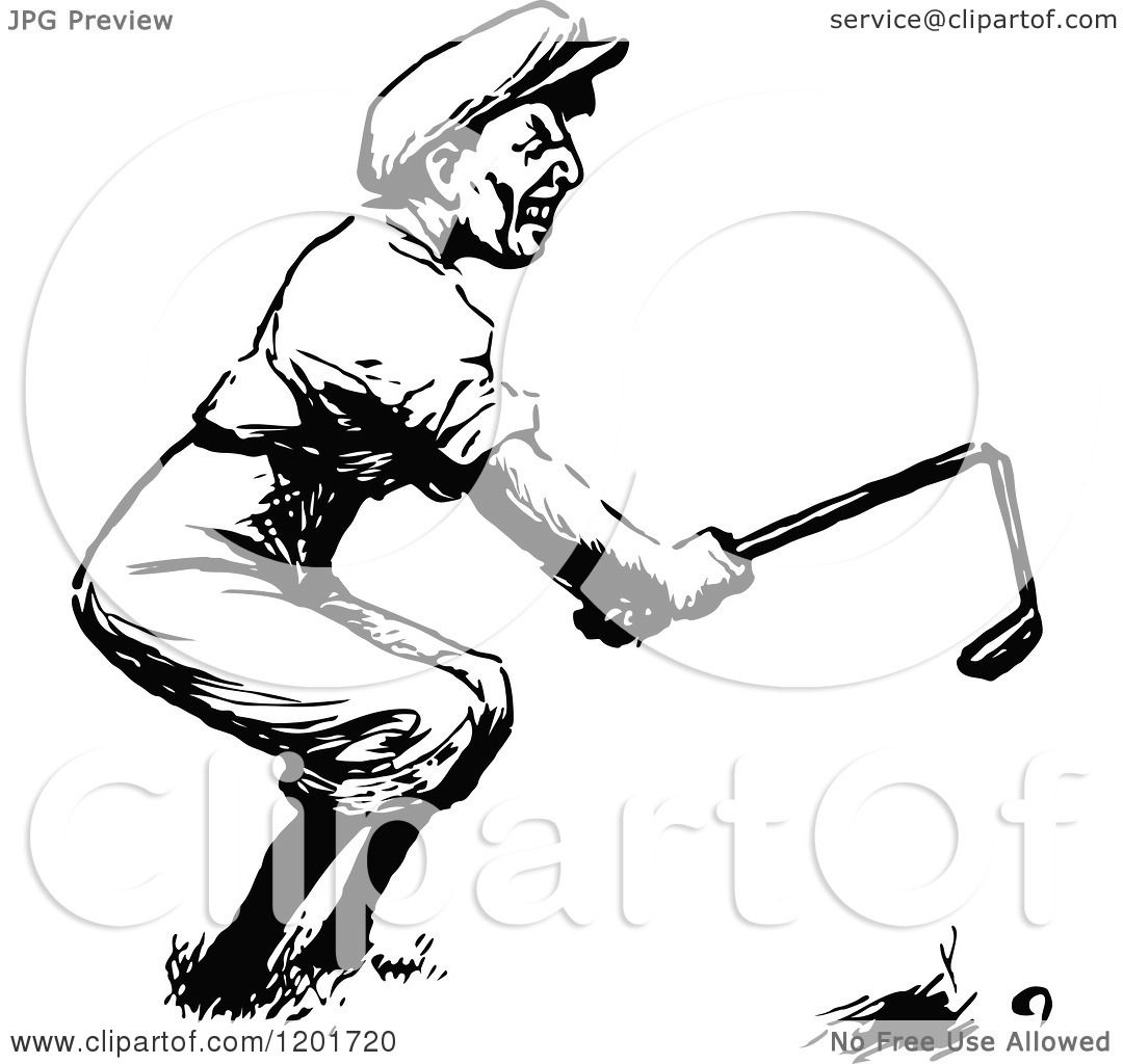 Clipart of a Vintage Black and White Angry Golfer Breaking a Club ...