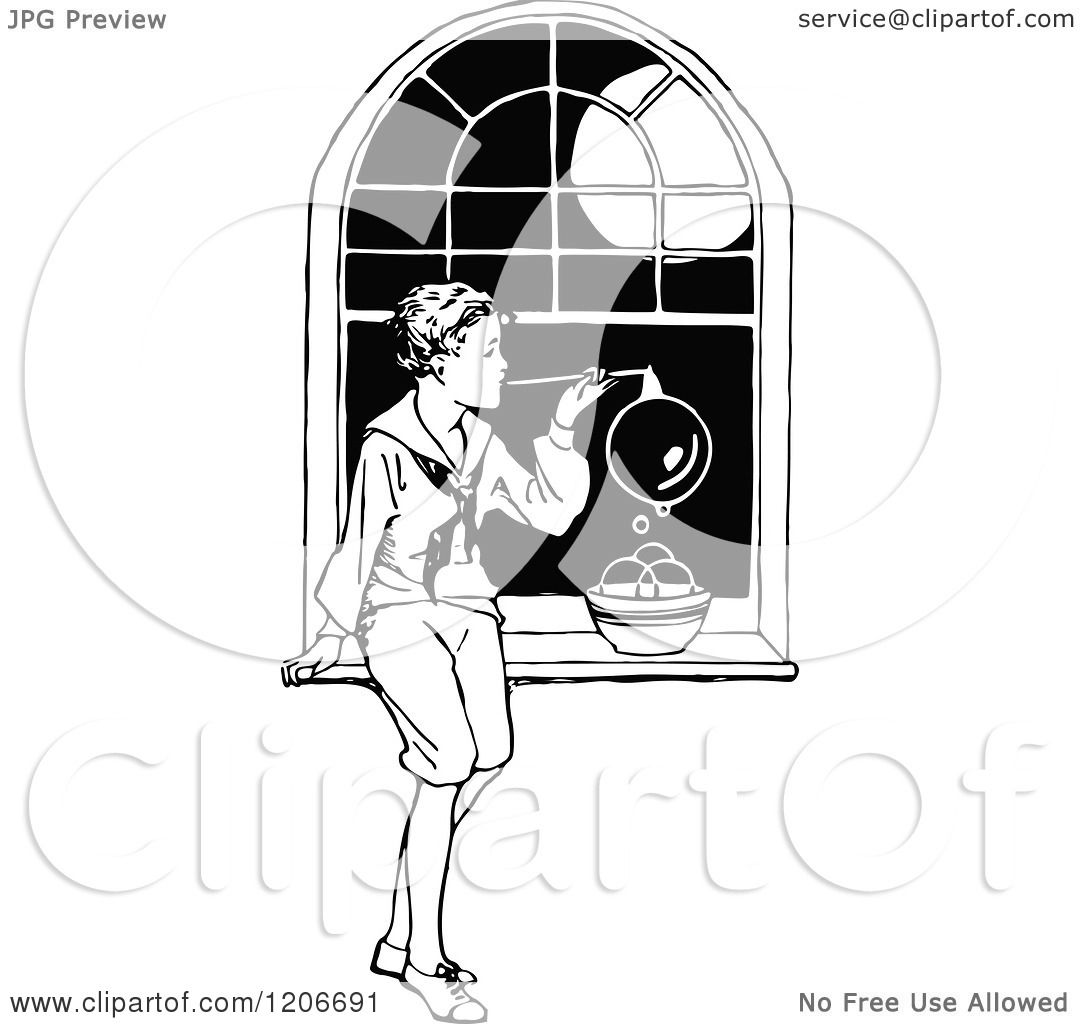 Download Clipart of a Vintage Black and White Boy Blowing Bubbles ...