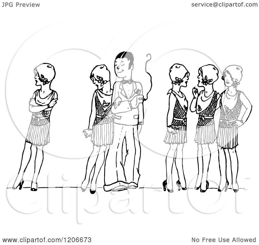 Clipart Of A Vintage Black And White Couple Surrounded By Ladies Royalty Free Vector 1054