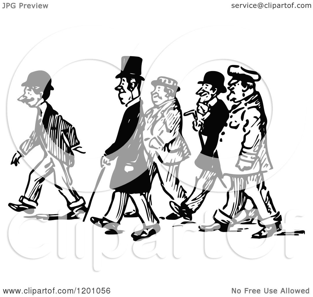 Clipart of a Vintage Black and White Group of Men Walking - Royalty Free Vector Illustration by ...