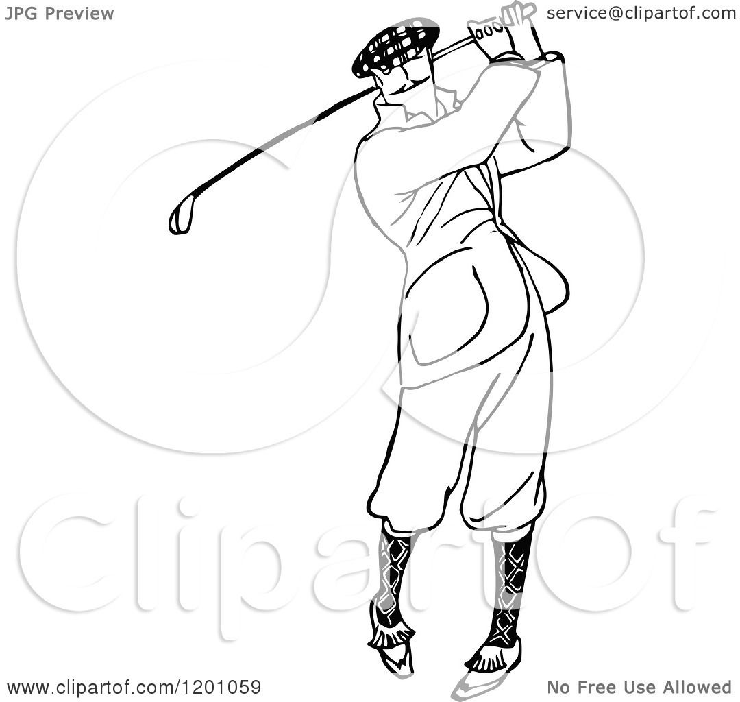 Clipart of a Vintage Black and White Man Golfing - Royalty Free Vector ...