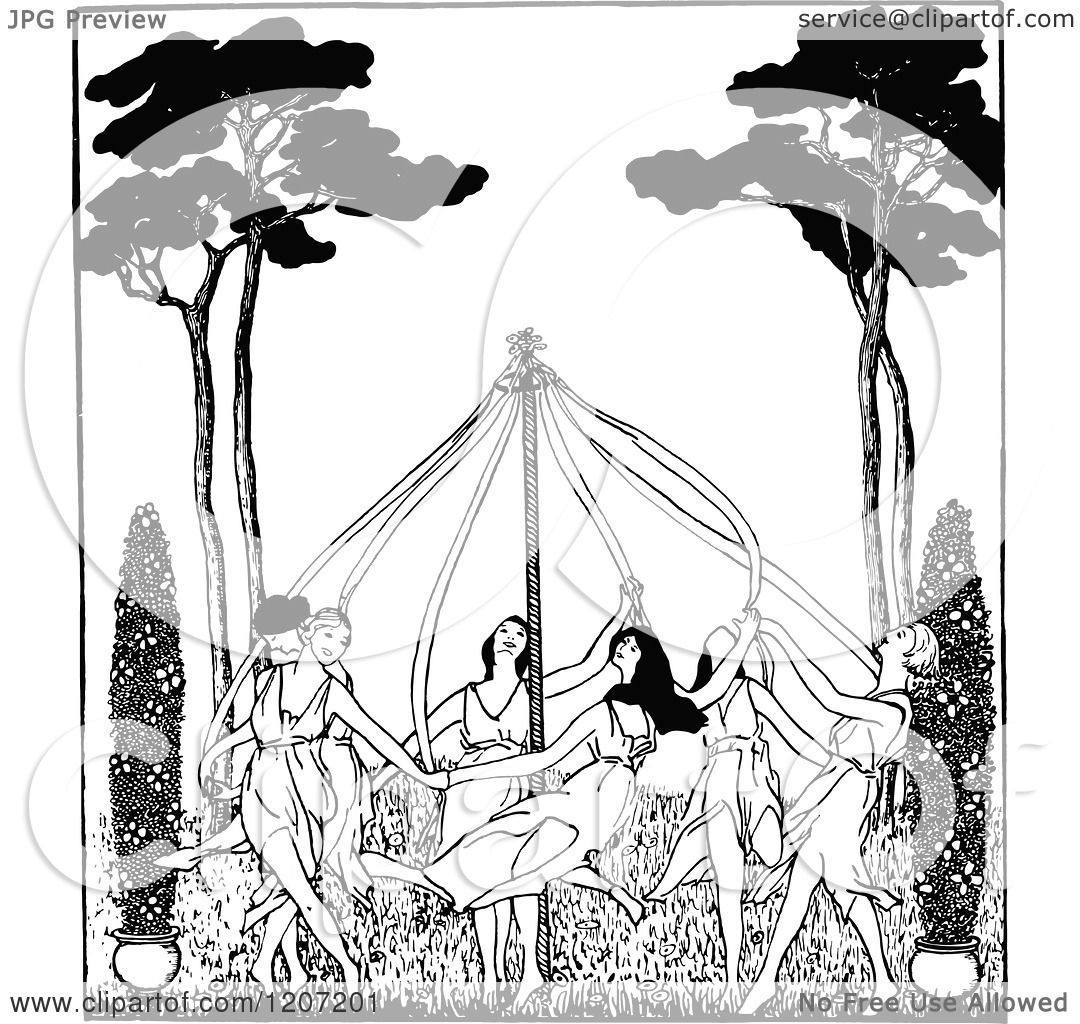 Clipart of a Vintage Black and White May Pole Dance ...