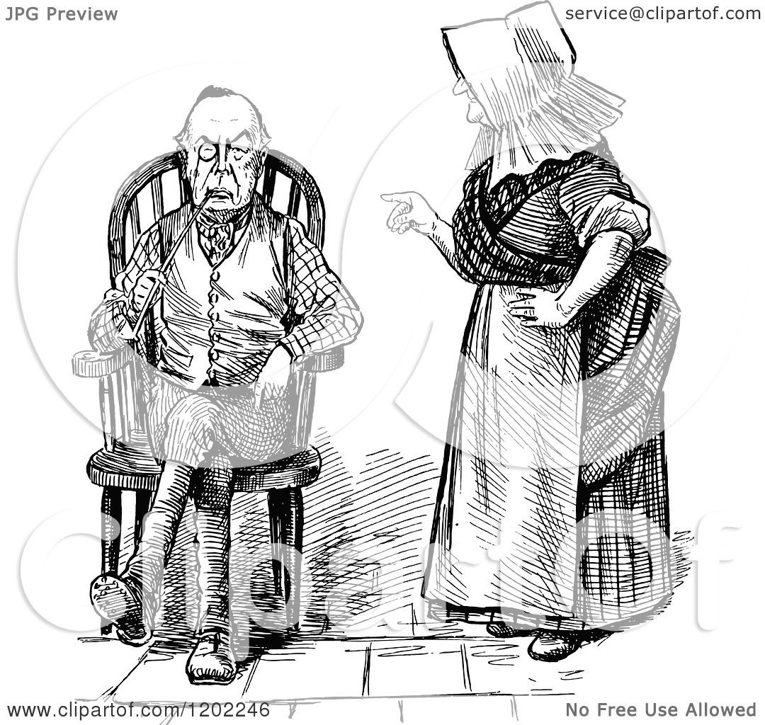 Clipart Of A Vintage Black And White Old Couple And Nagging Wife Royalty Free Vector 5144