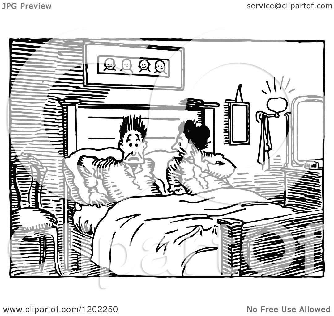 Clipart Of A Vintage Black And White Startled Couple In Bed Royalty
