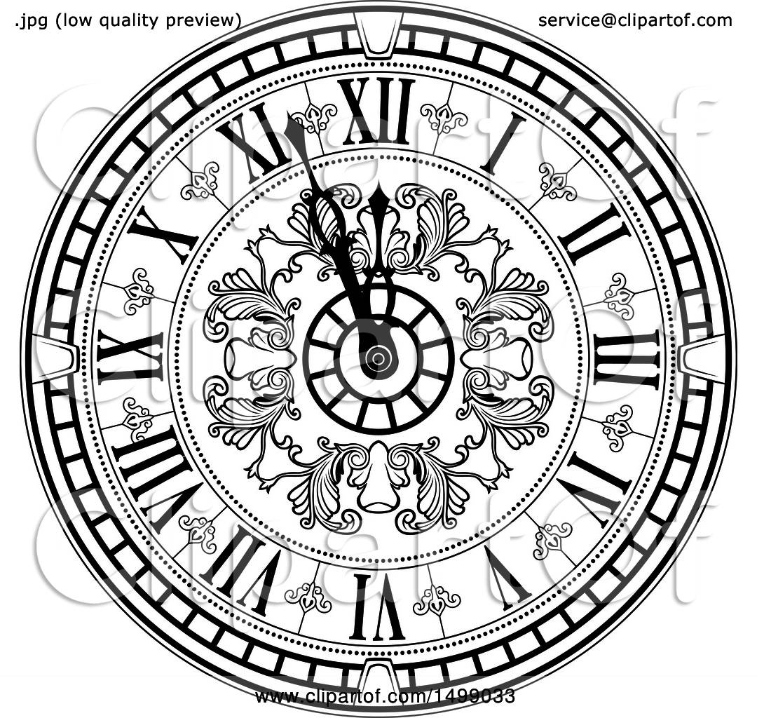 Clipart of a Vintage Clock Face in Black and White ...