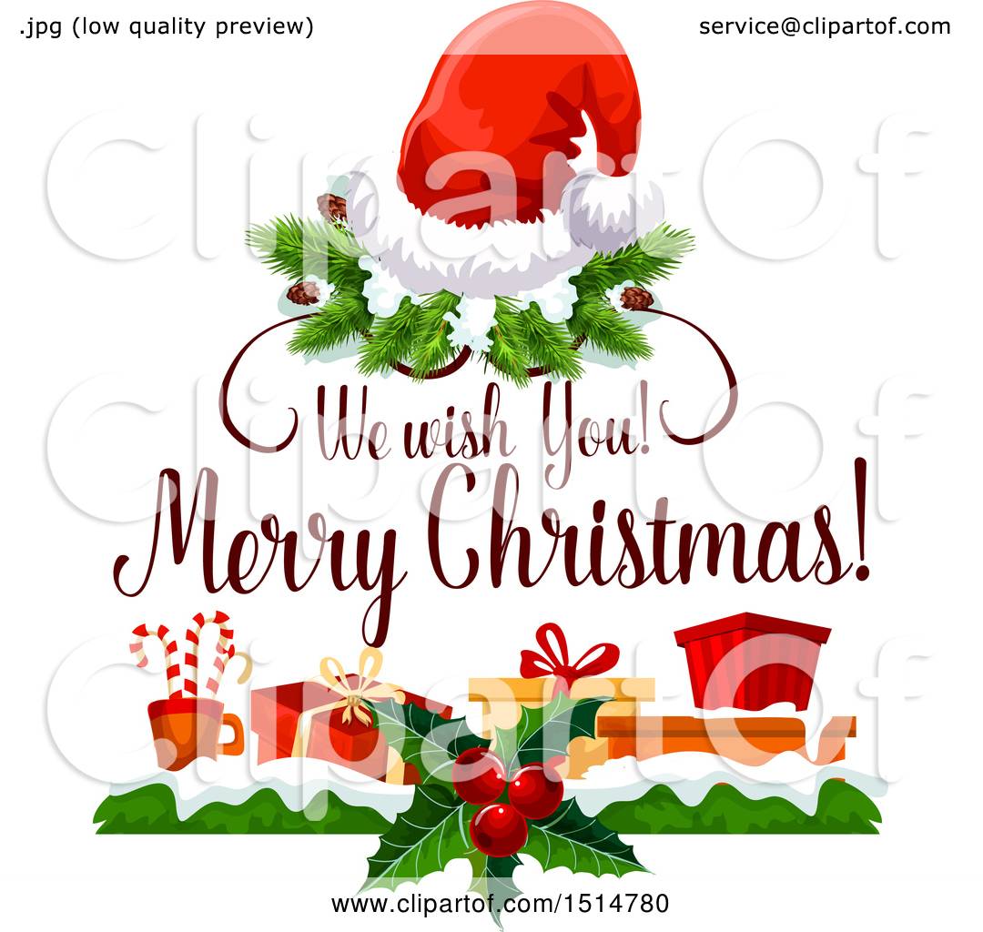 Clipart of a We Wish You a Merry Christmas Greeting with Gifts and a Santa Hat - Royalty Free 