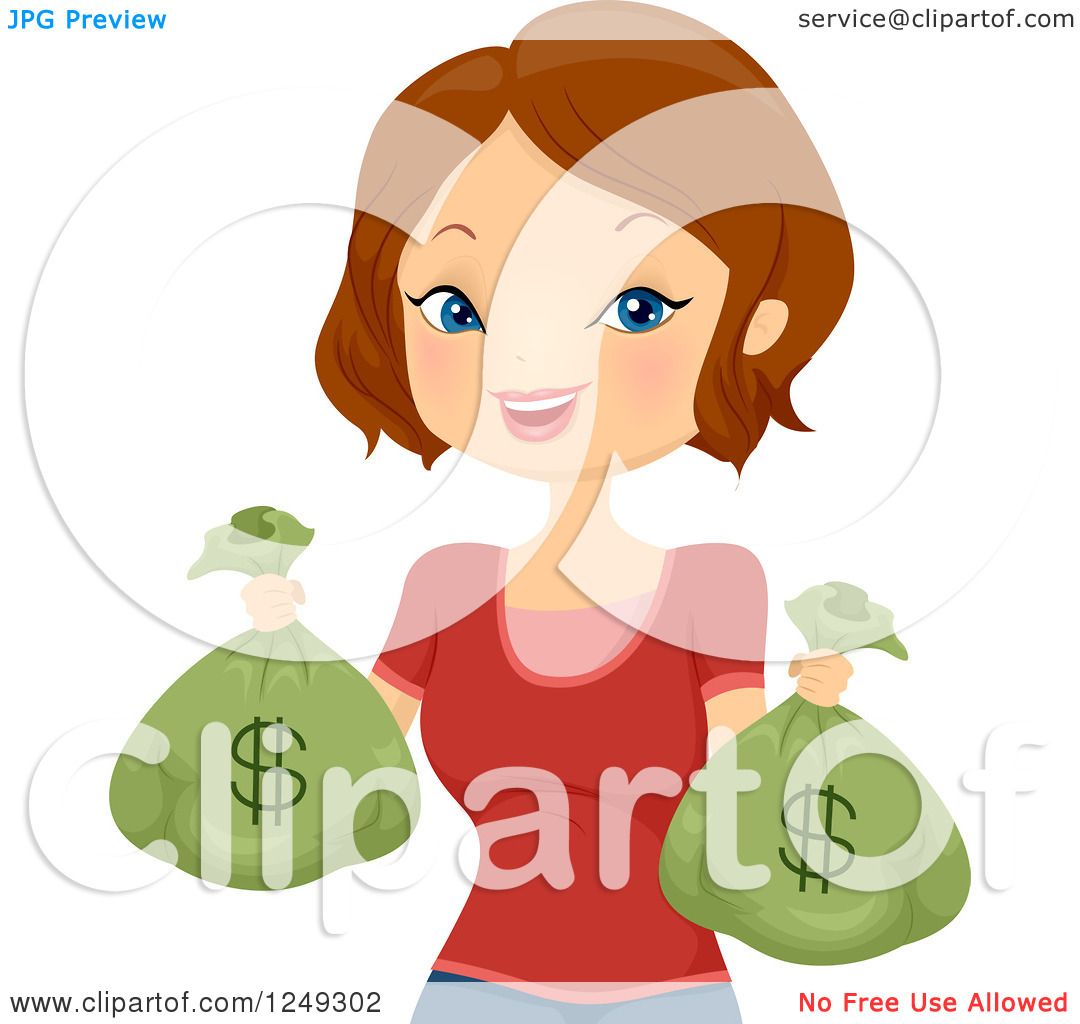 Clipart of a Wealthy Brunette Caucasian Woman Holding Money Bags ...