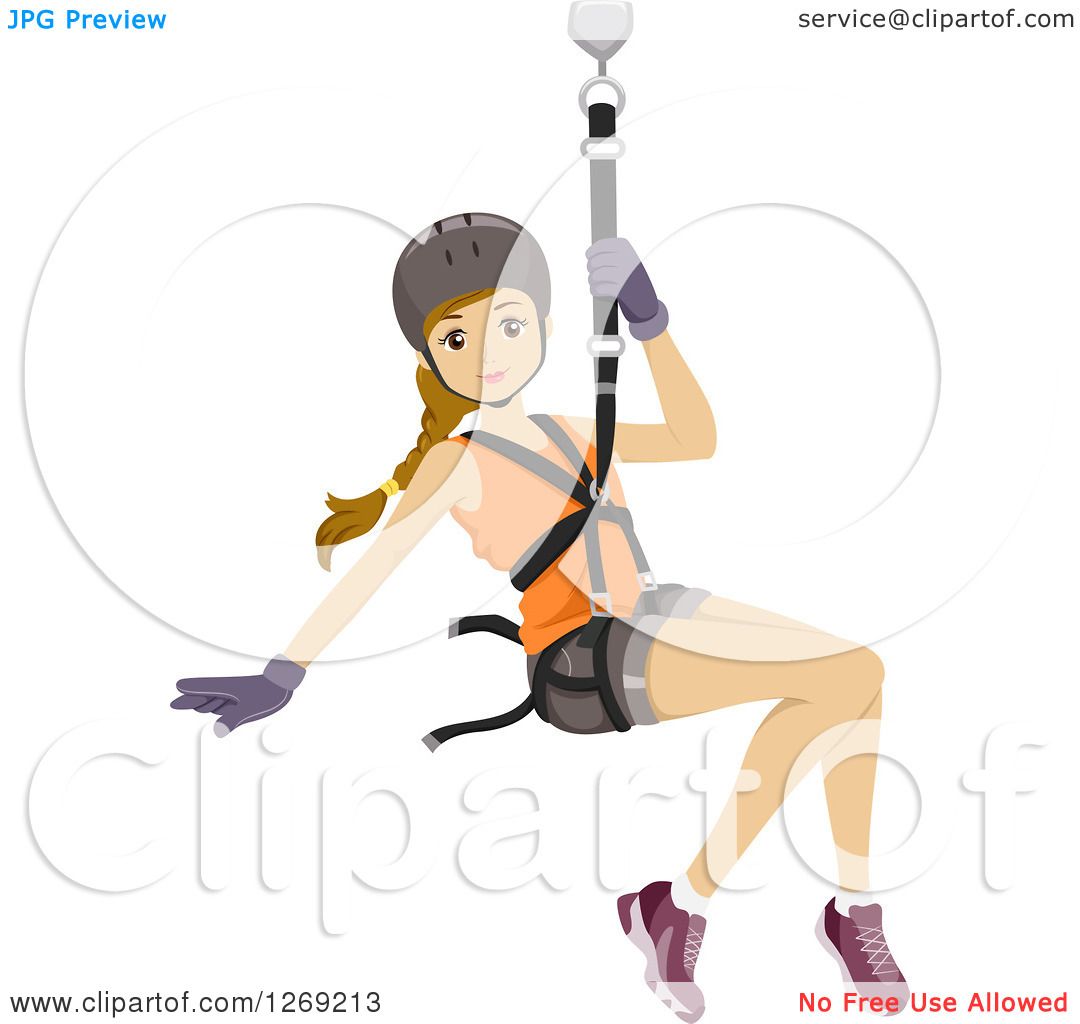 Clipart of a Young Caucsian Woman Zip Lining - Royalty Free Vector