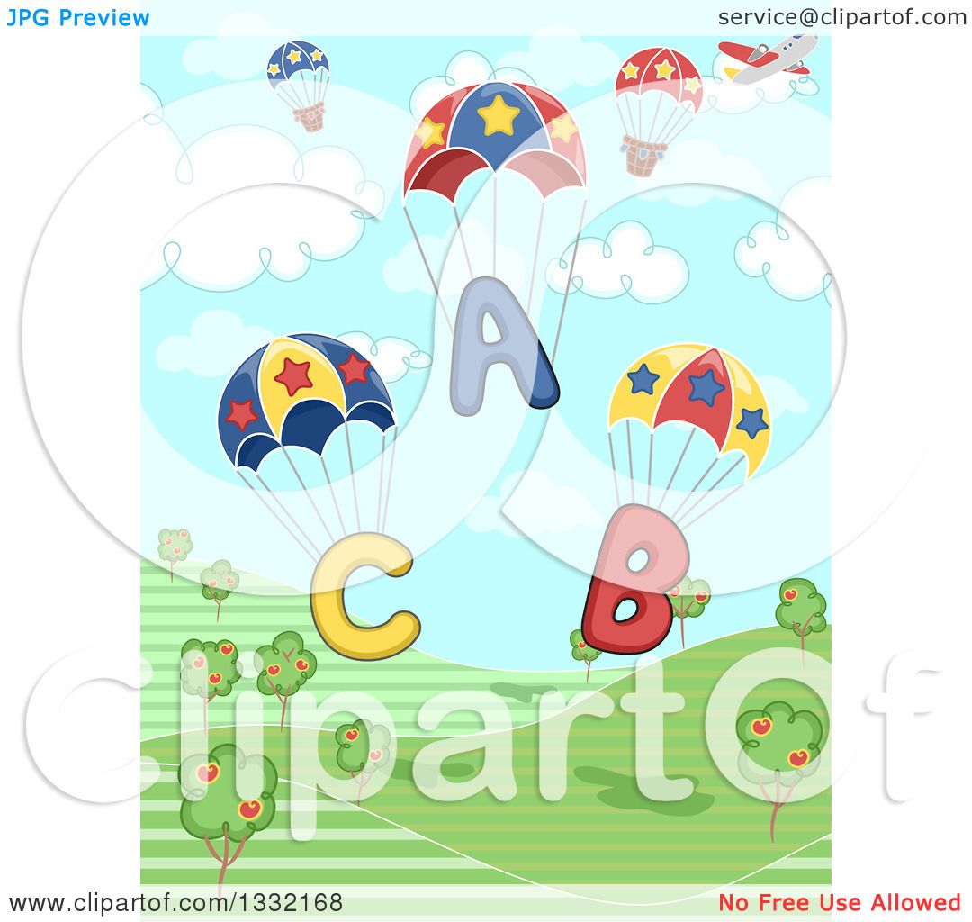 Clipart of ABC Alphabet Parachutes and a Plane over a Hilly Landscape