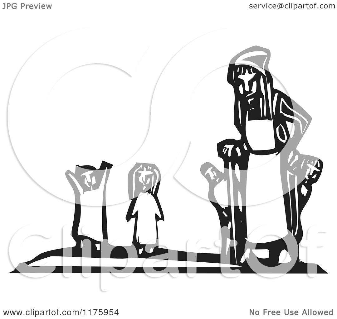 Clipart of an Old Woman with Little Children Black and White Woodcut ...