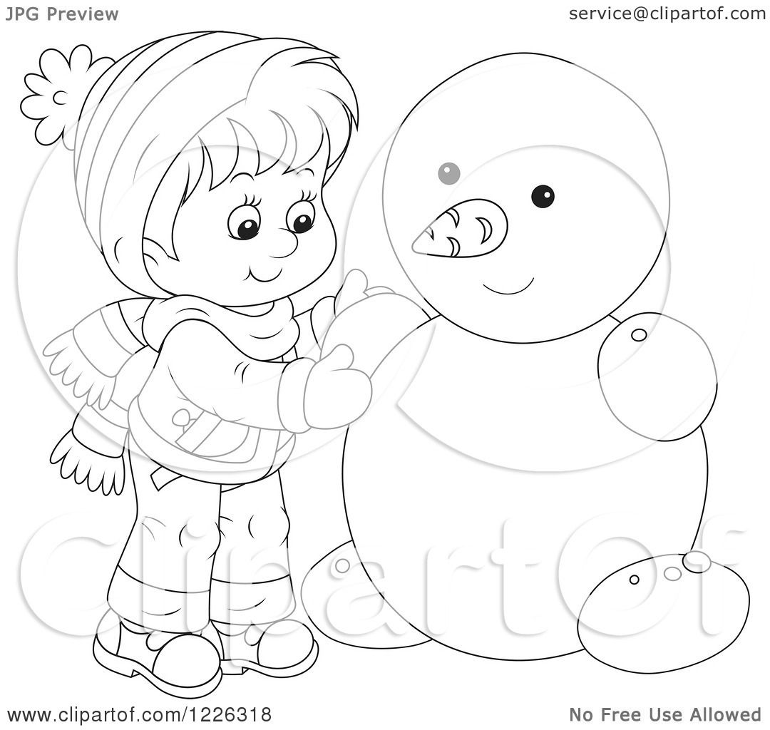 Clipart of an Outlined Boy Making a Snowman - Royalty Free Vector ...