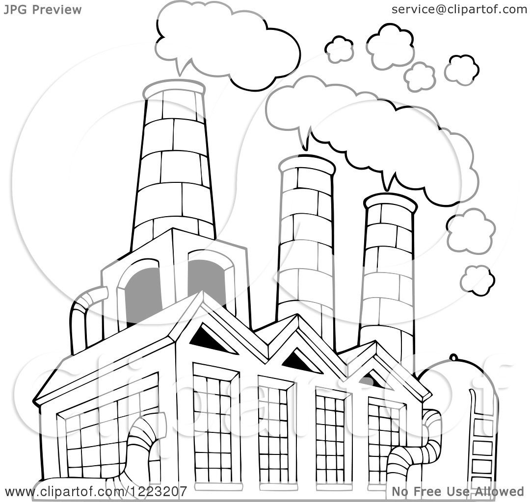 Clipart of an Outlined Factory Building Polluting the Air - Royalty ...