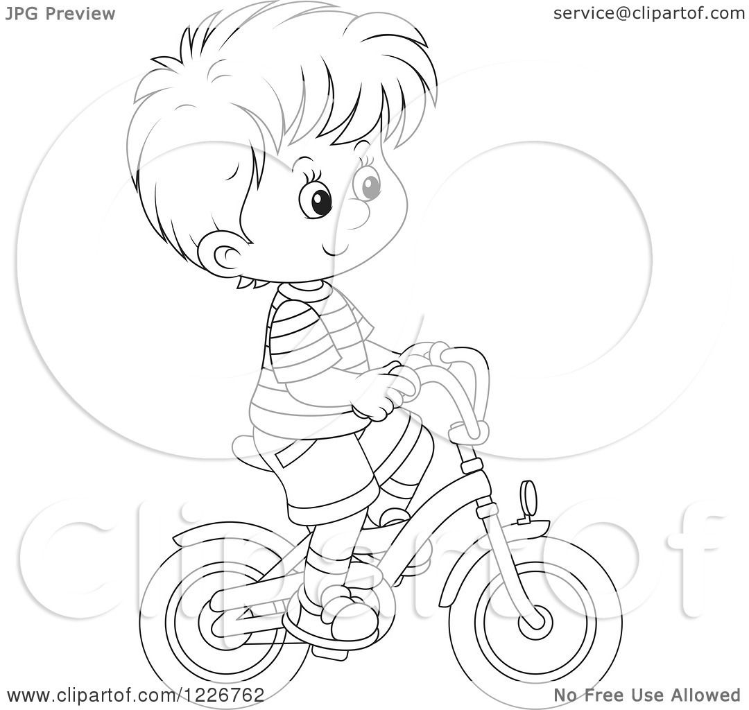 Clipart of an Outlined Happy Boy Riding a Bike - Royalty Free Vector