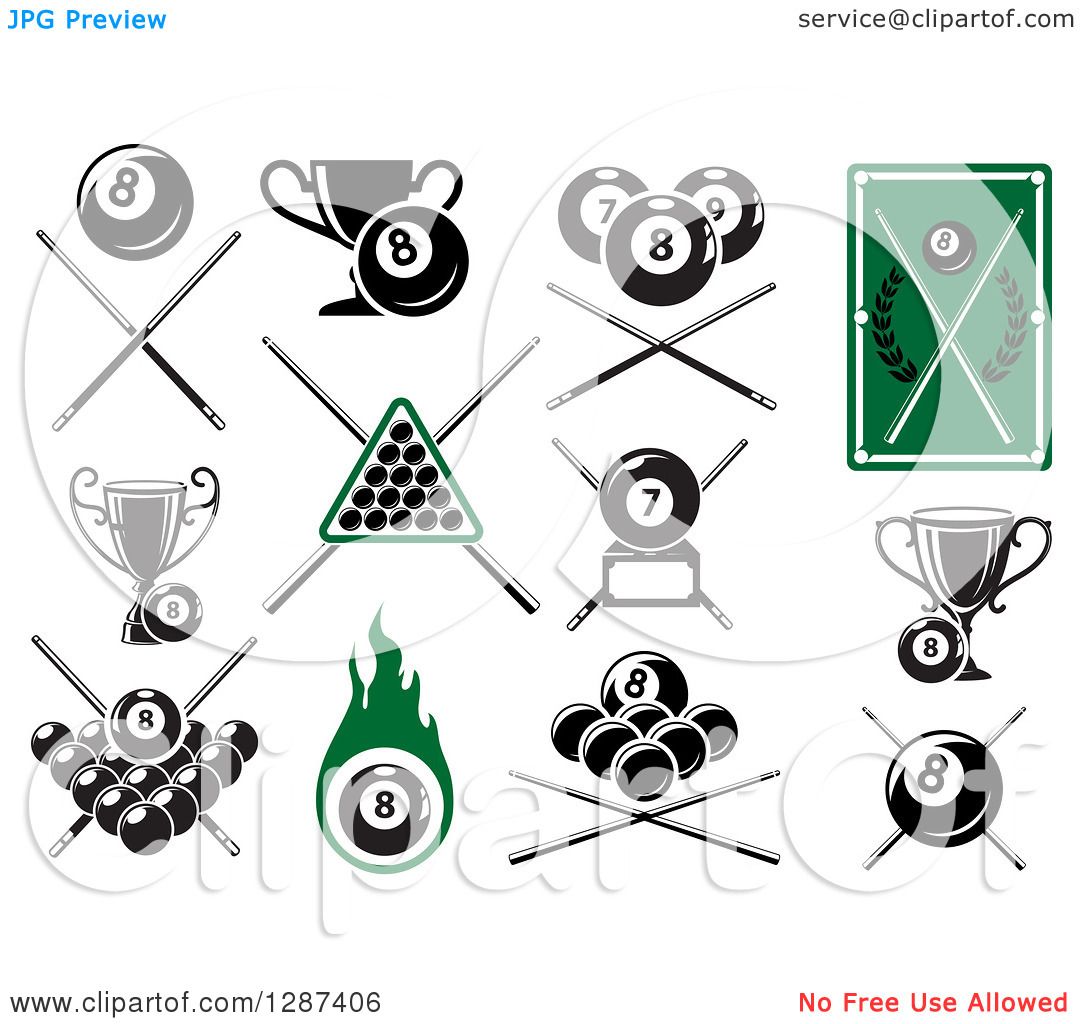 Clipart of Billiards Pool Eight and Seven Balls with Cue Sticks and ...