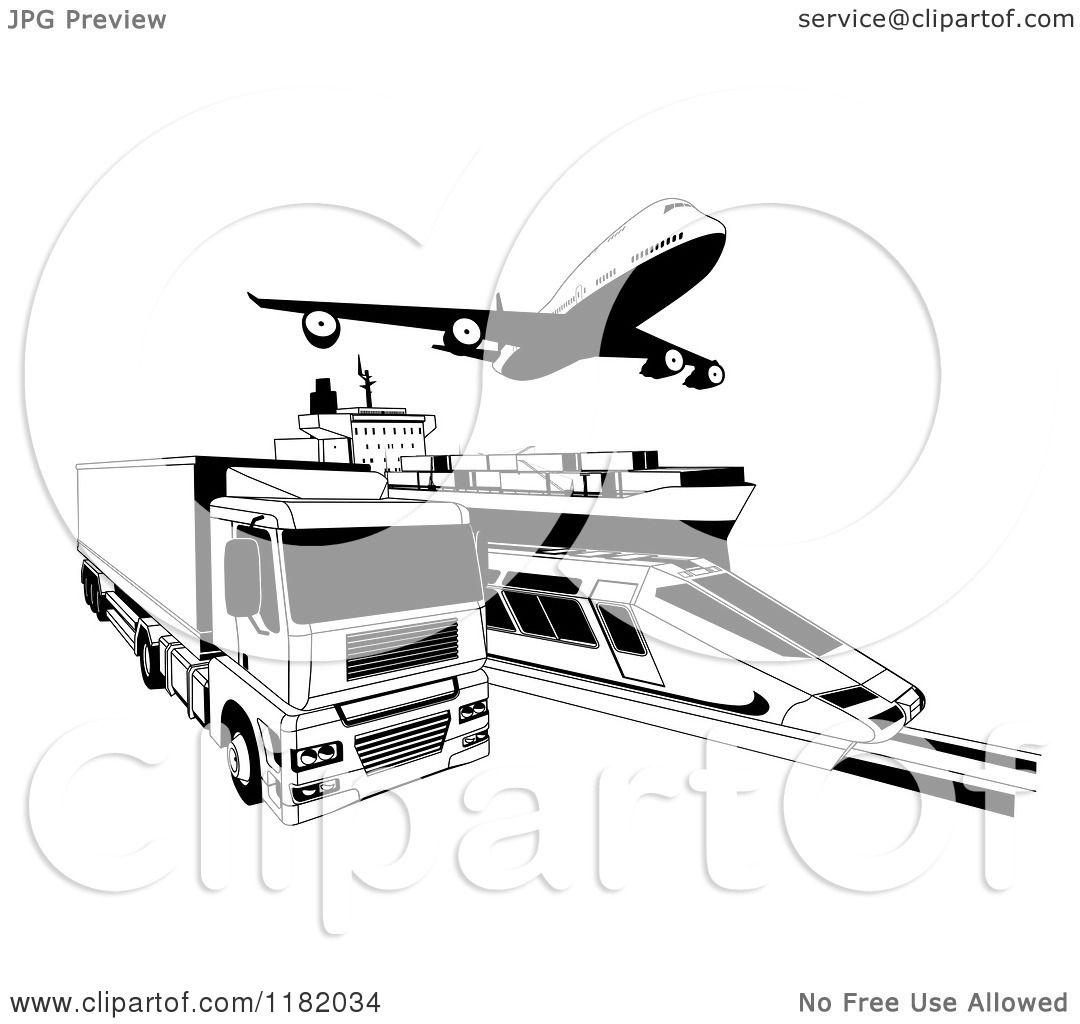 Clipart of Black and White Cargo Logistics Modes Including a Train ...