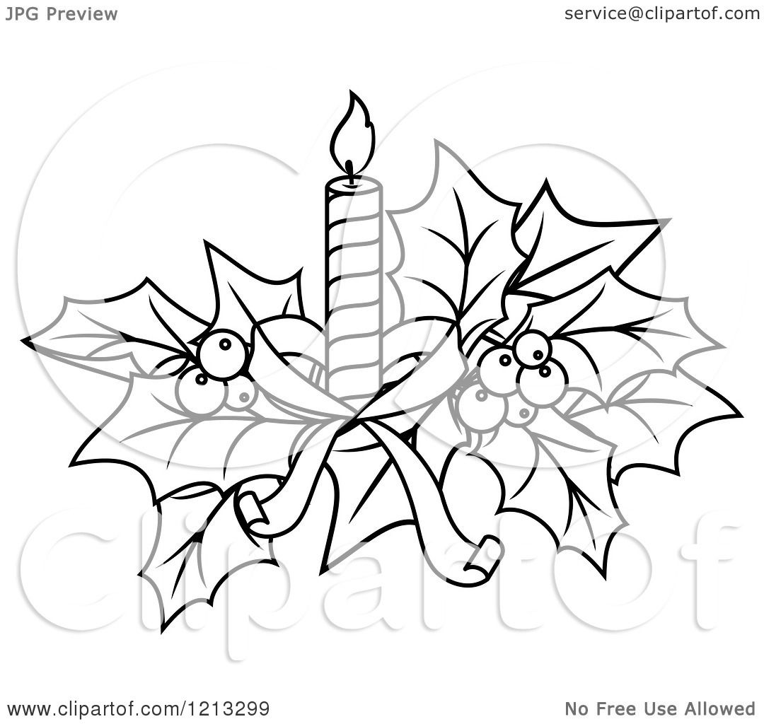 Download Clipart of Black and White Christmas Holly and a Candle ...