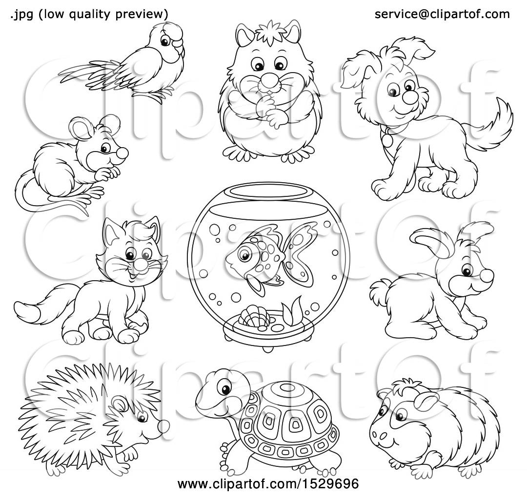 Clipart Of Black And White Cute Pet Animals Royalty Free Vector
