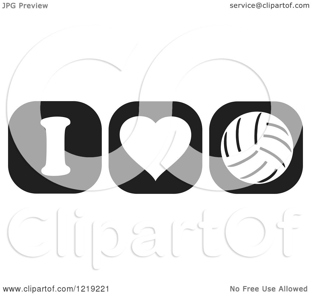 Clipart of Black and White I Heart Volleyball Icons ...