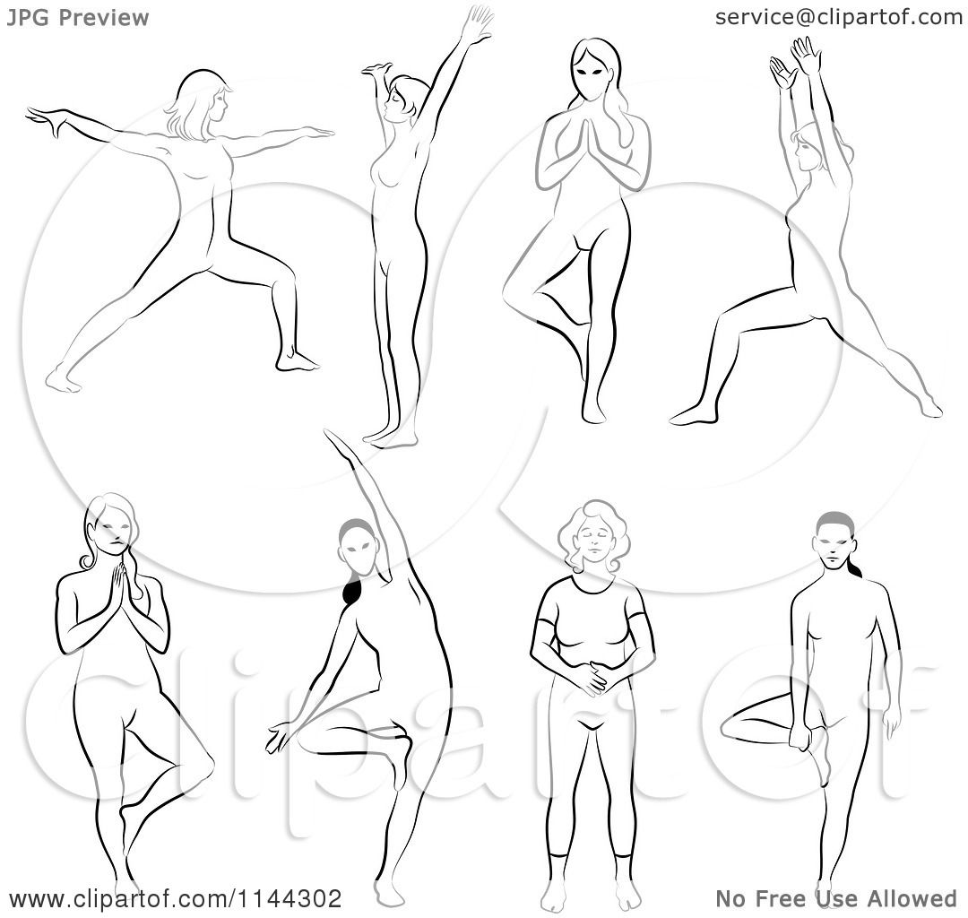 Clipart of Black and White Line Drawings of Women Meditating and Doing