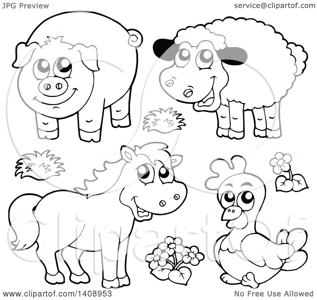 Clipart of Black and White Lineart Farm Animals - Royalty Free Vector  Illustration by visekart #1408953