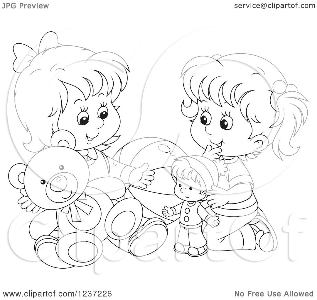 Clipart Of Black And White Two Happy Girls Playing With Toys