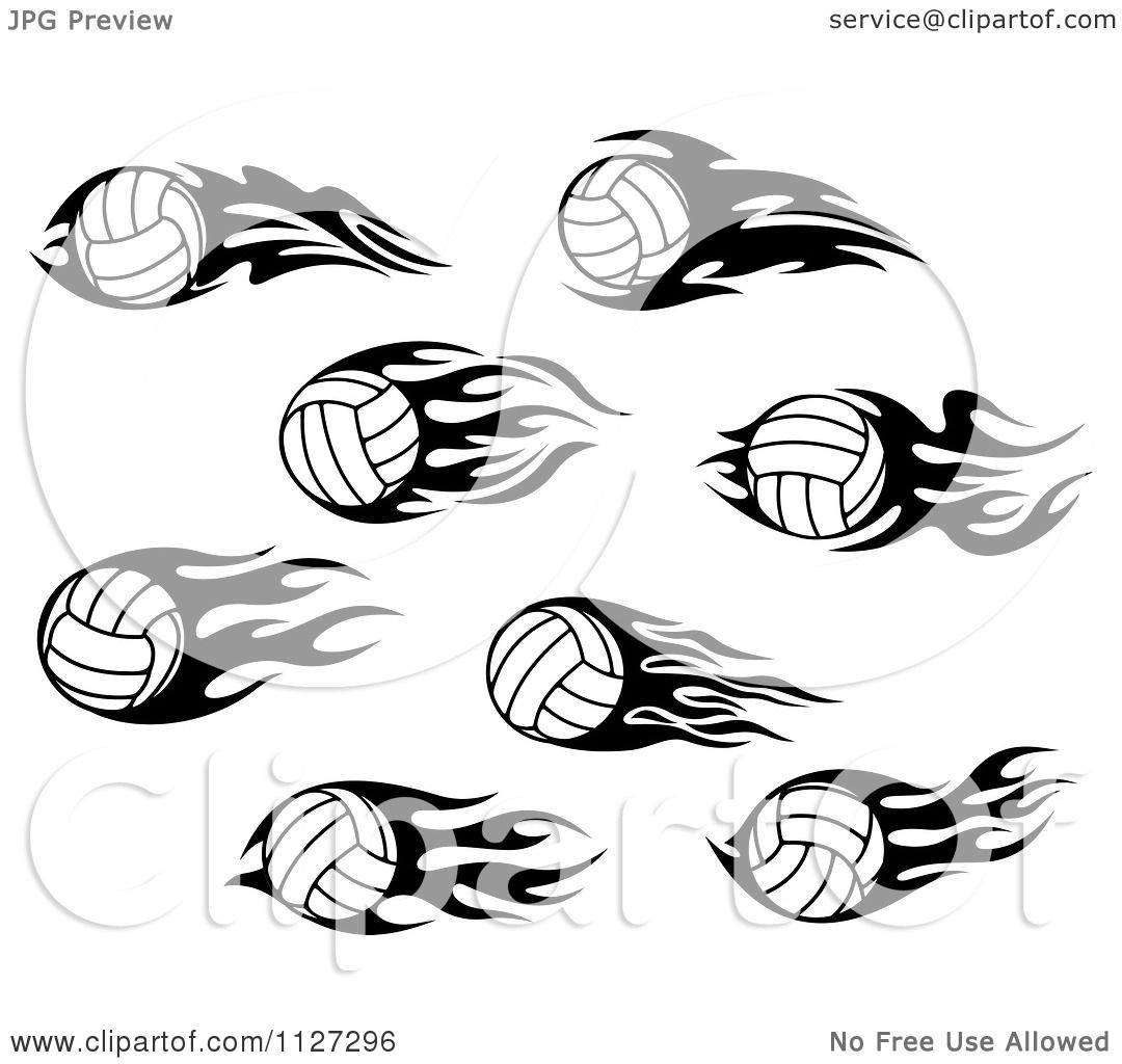 Clipart Of Black And White Volleyballs With Tribal Flames - Royalty ...