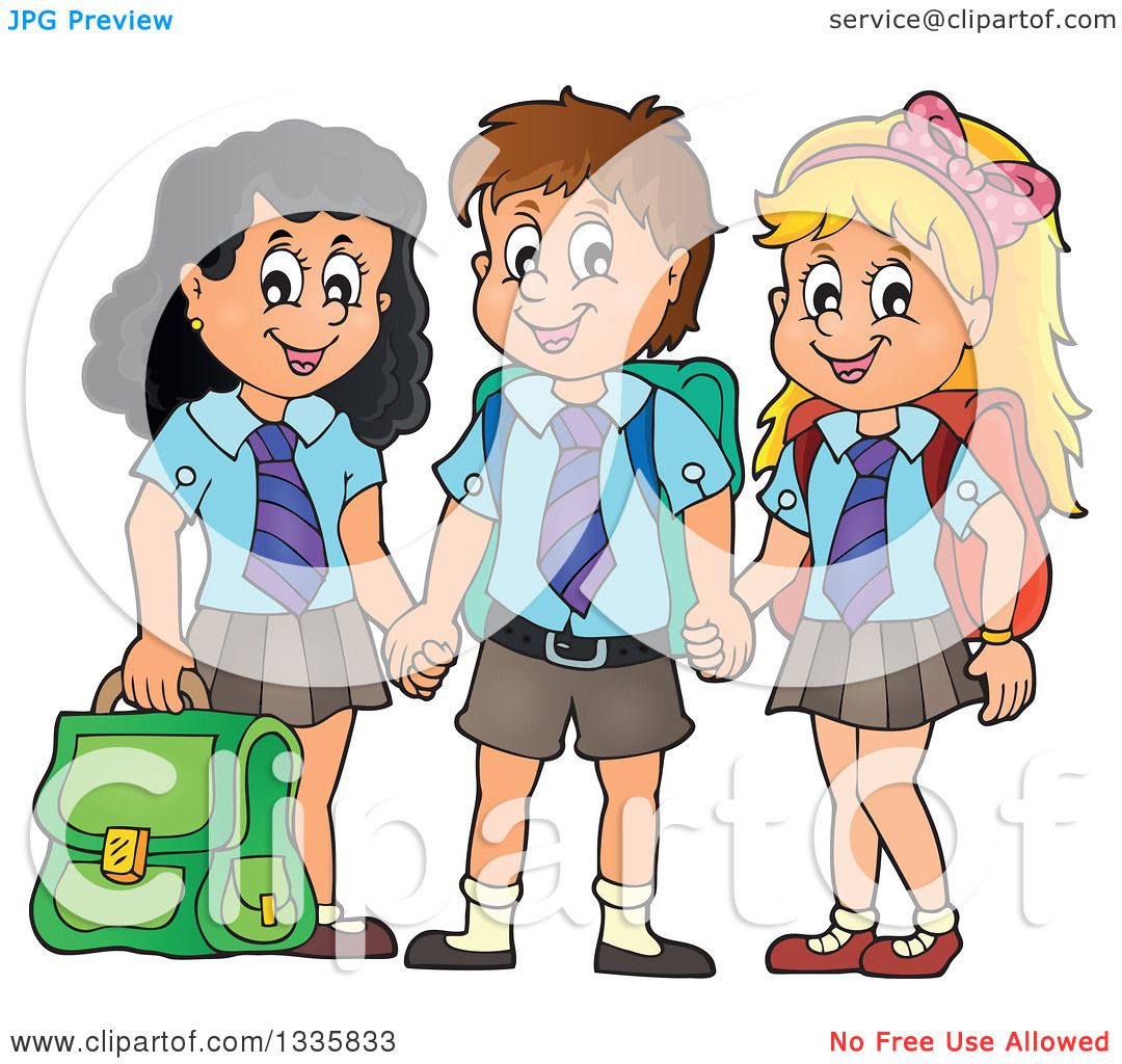 Clipart Of Cartoon Happy School Children Wearing Uniforms And
