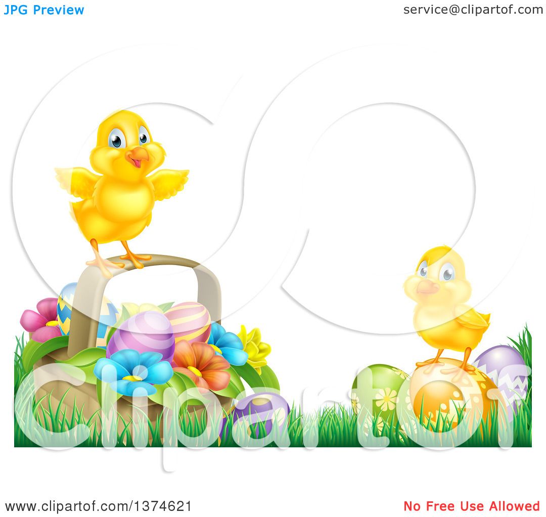Clipart of Cute Yellow Chicks on Easter Eggs and a Basket in the Grass ...