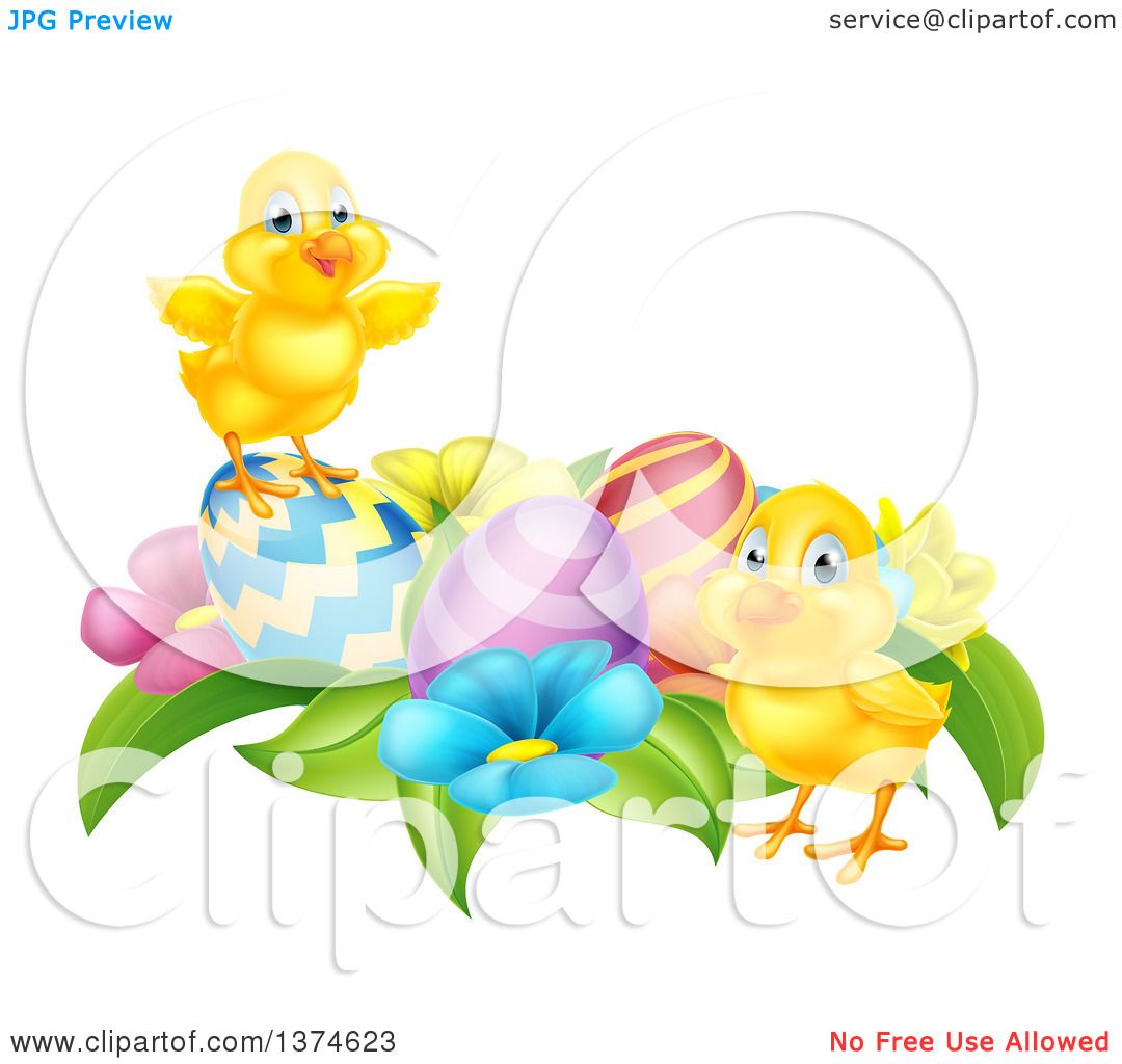 Clipart of Cute Yellow Chicks with Easter Eggs and Flowers - Royalty ...