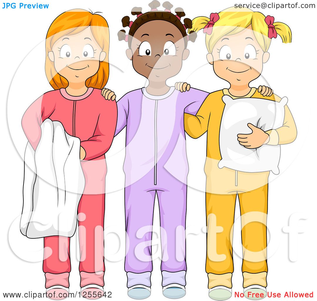Clipart of Happy Black and White Girls Smiling in Their Footie Pajamas ...