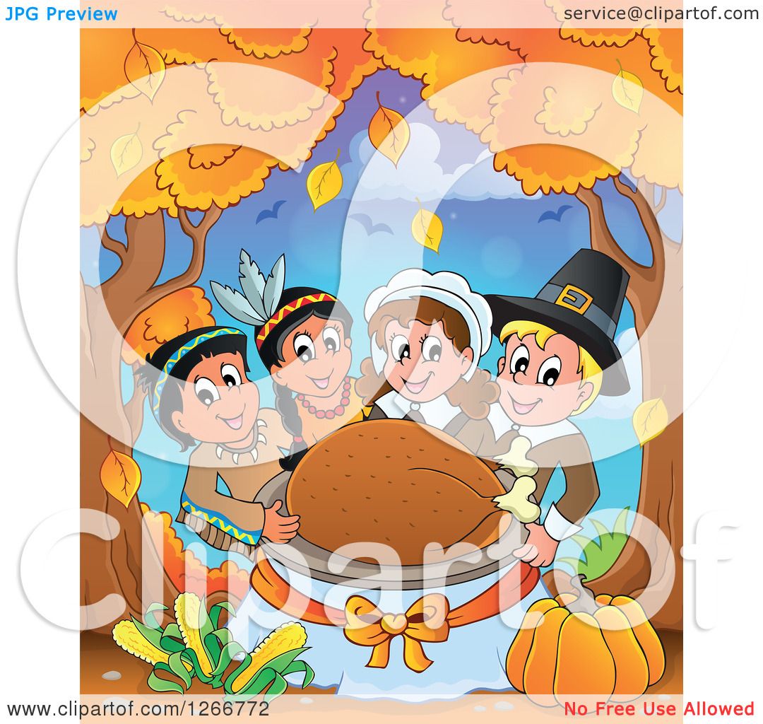 Clipart Of Happy Pilgrims And Native American Indians Holding A
