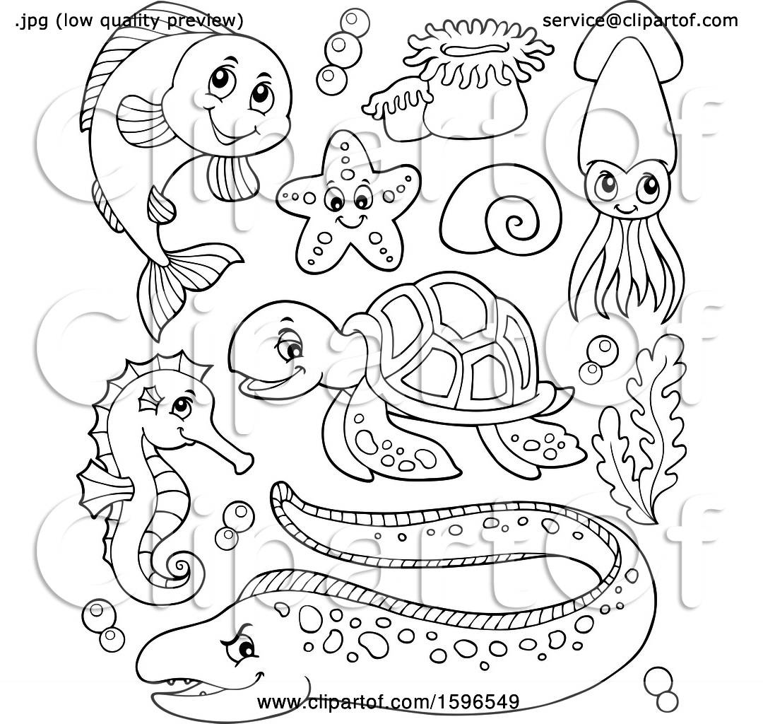 Clipart of Lineart Sea Creatures - Royalty Free Vector Illustration by ...