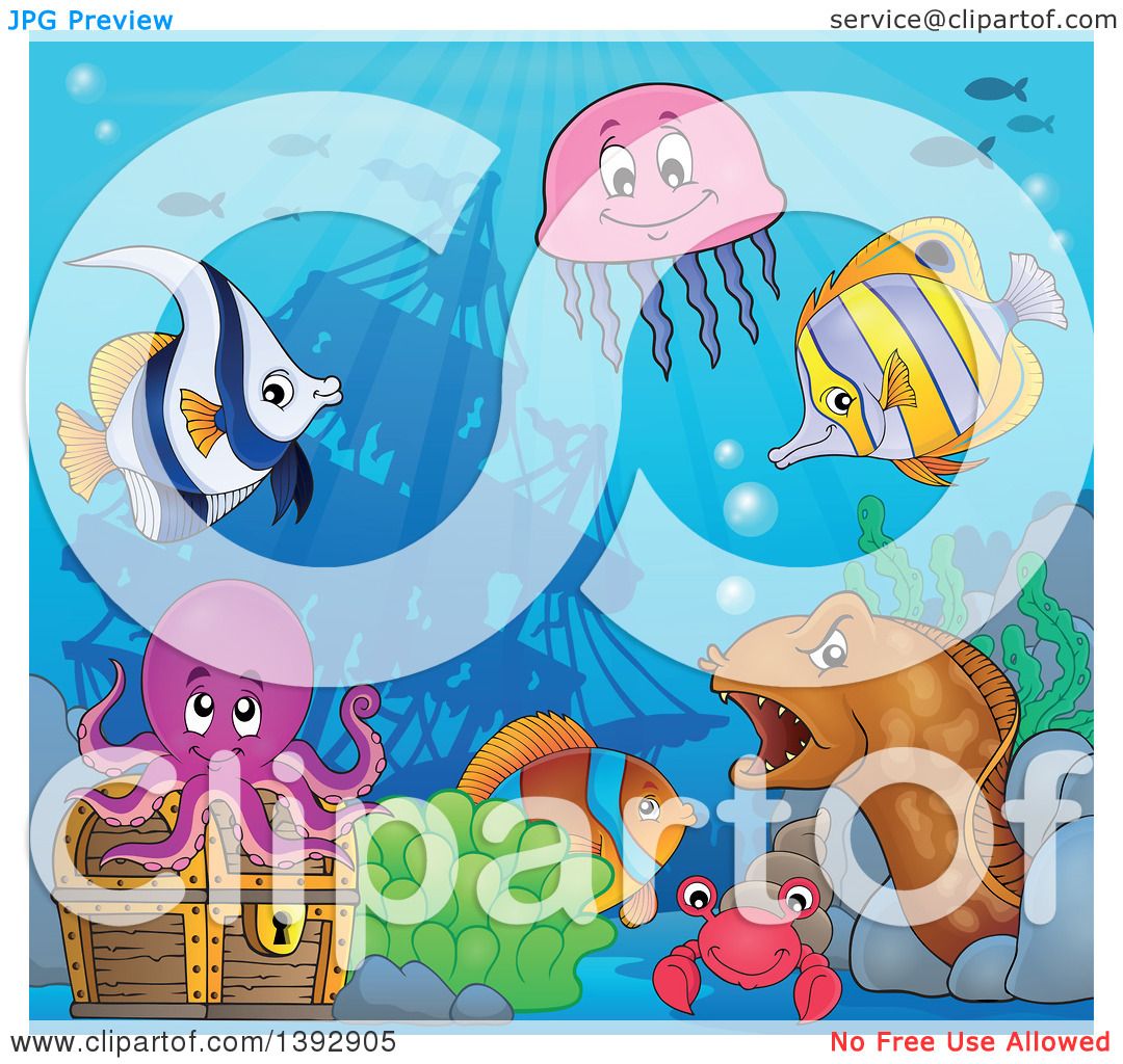 Clipart Of Marine Life And A Treasure Chest By A Sunken Ship