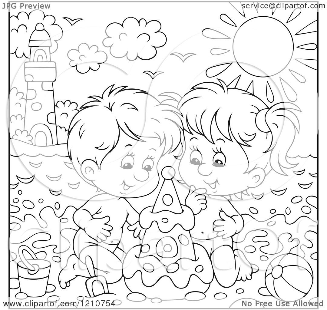 Download Clipart Of Outlined And Colored Children Building a Sand Castle On A Summer Time Beach - Royalty ...