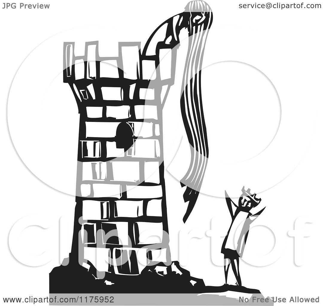 Clipart of Rapunzel Throwing down Her Hair to a Knight Black and White ...