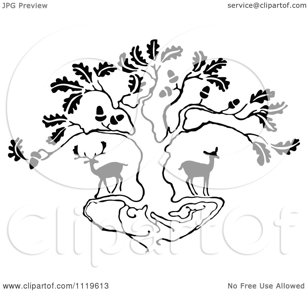 Clipart Of Retro Vintage Black And White Deer Under An Oak ...