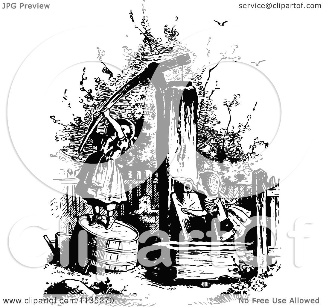 Clipart Of Retro Vintage Black And White Girls At A Water Pump ...