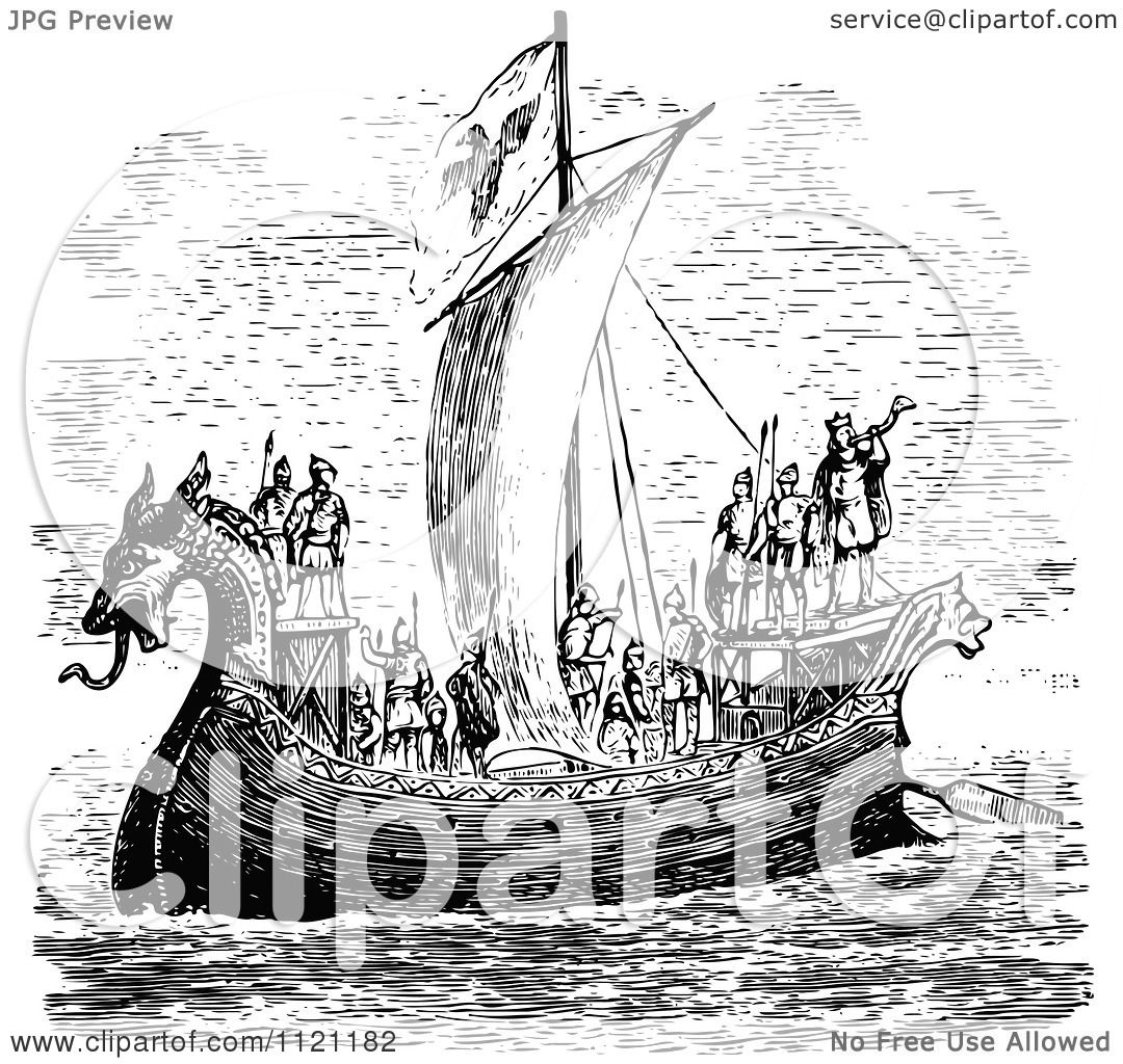 Clipart Of Retro Vintage Black And White Men On A Norman Ship - Royalty ...
